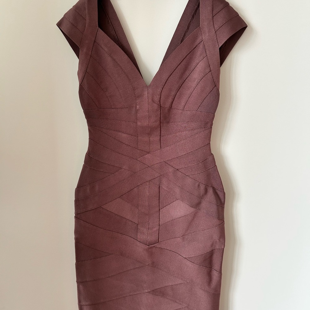 Herve Leger Coffee Bodycon Mini Dress with Plunge Neckline